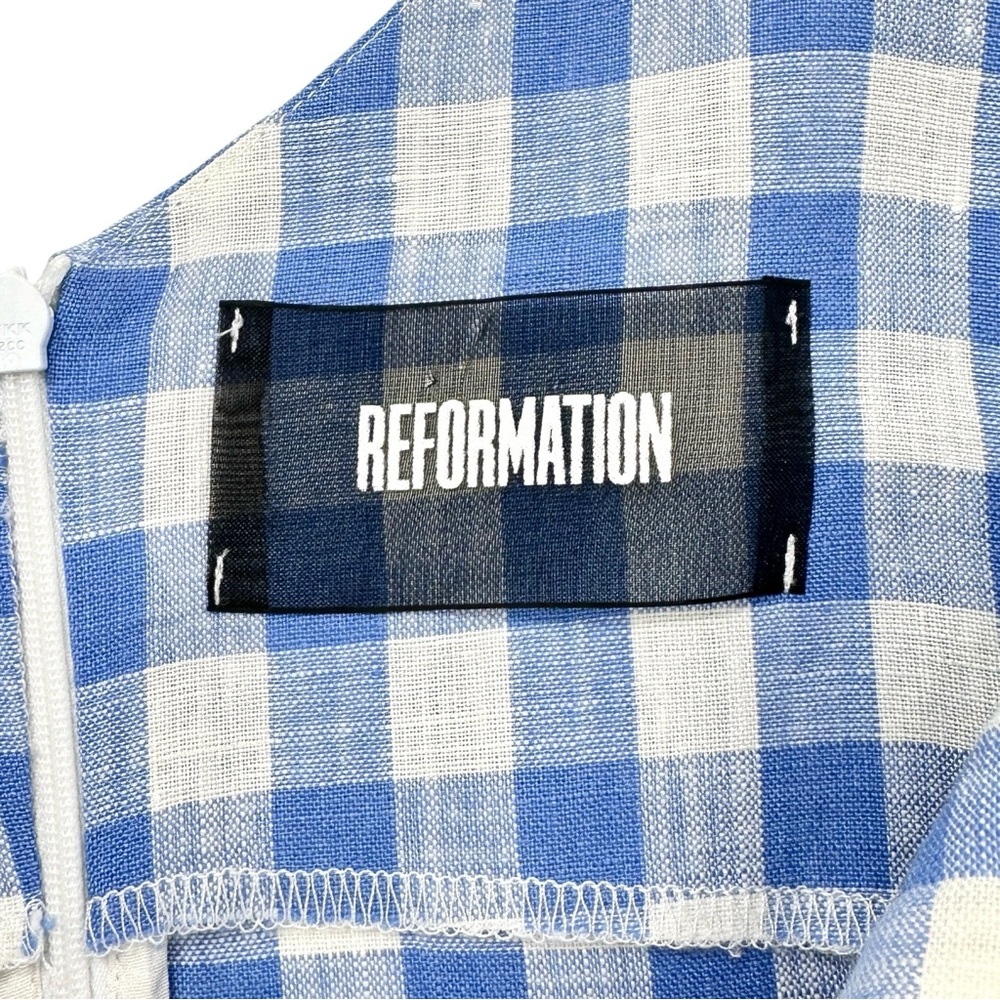 [sold] Reformation Belize Blue White Gingham Plaid Front Knot Linen Mini Dress - Picture 8 of 10